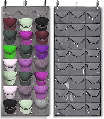Perchero para sombreros, organizador para pared o puerta, 24 bolsillos profundos transparentes, almacenamiento para gorras de béisbol, ganchos