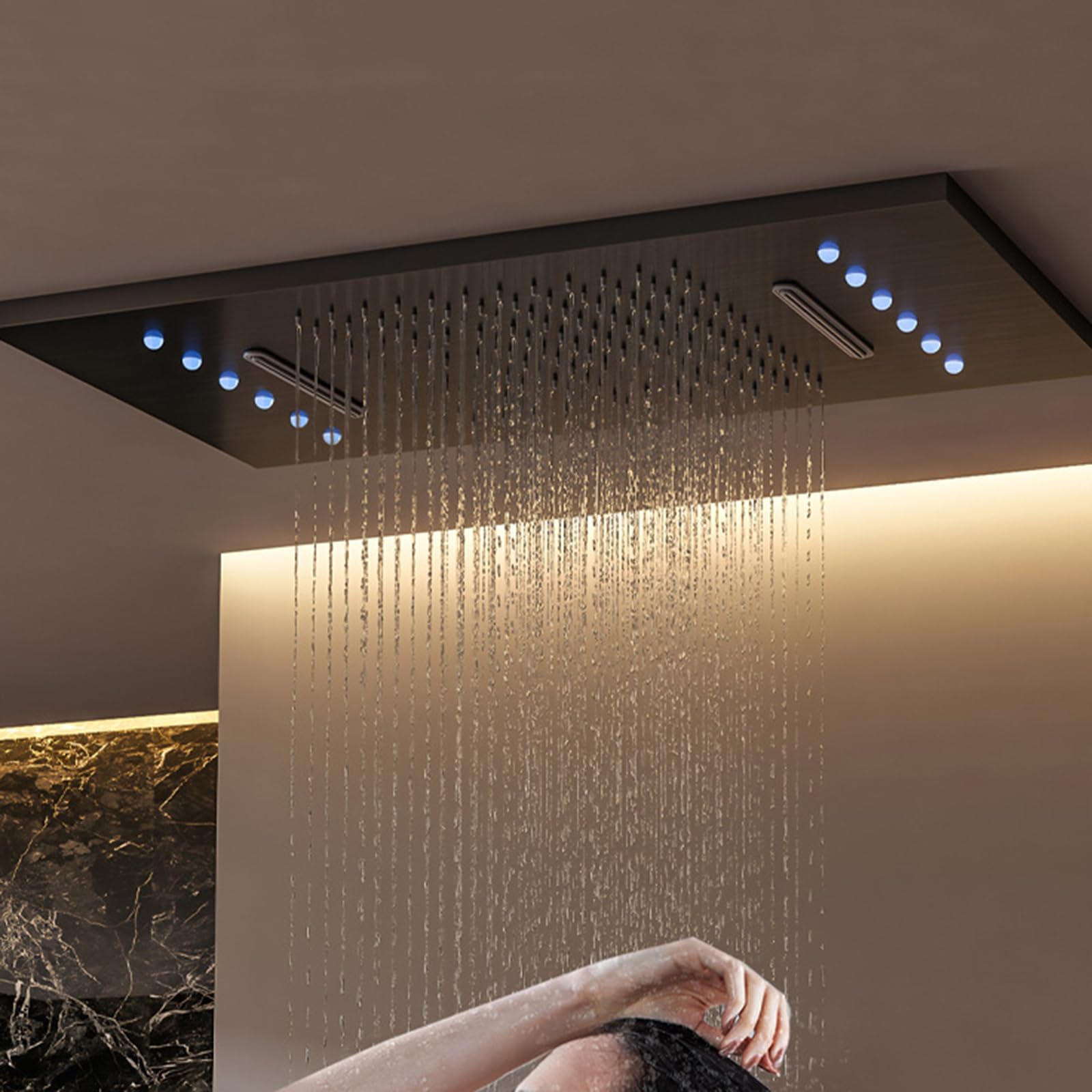 XJTNLB Columna Ducha Empotrada Led Negro, Rociador Ducha Rectangular Led Efecto Lluvia, Instalación Techo