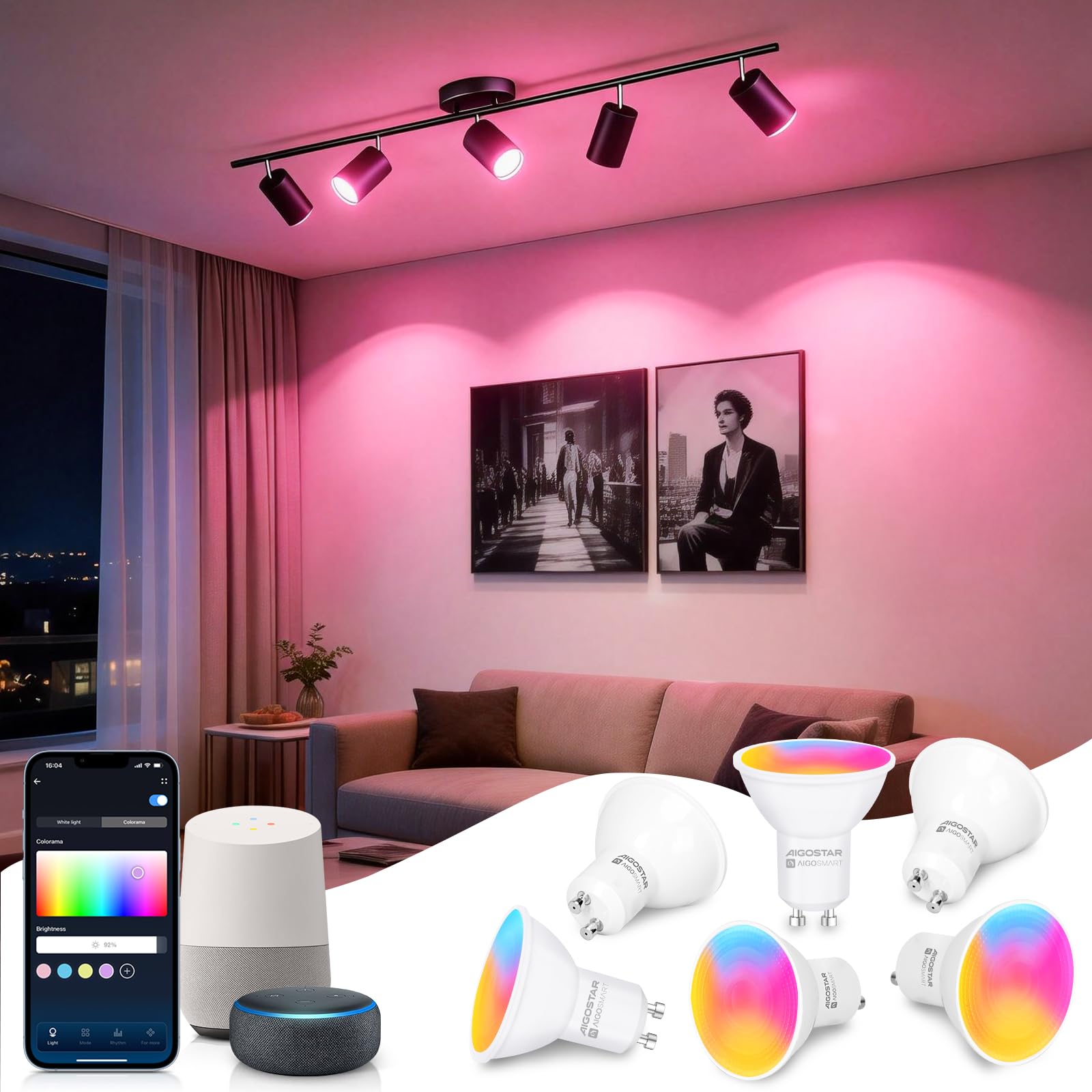 Aigostar Lampadine LED Alexa GU10 SL2 Lampadina WIFI Smart 6.5W 555LM , Dimmerabile RGB & 2700K-6500K , Controllo App , 26 Simulazioni di scena , compatibile con Alexa/Google Home , 6 Unità.
