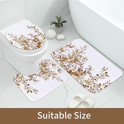 Miniatura 4 de MitoVilla Juego de 4 piezas de hojas de plantas marrones con cortina de ducha y alfombras, juegos de cortinas de ducha florales rústicas con