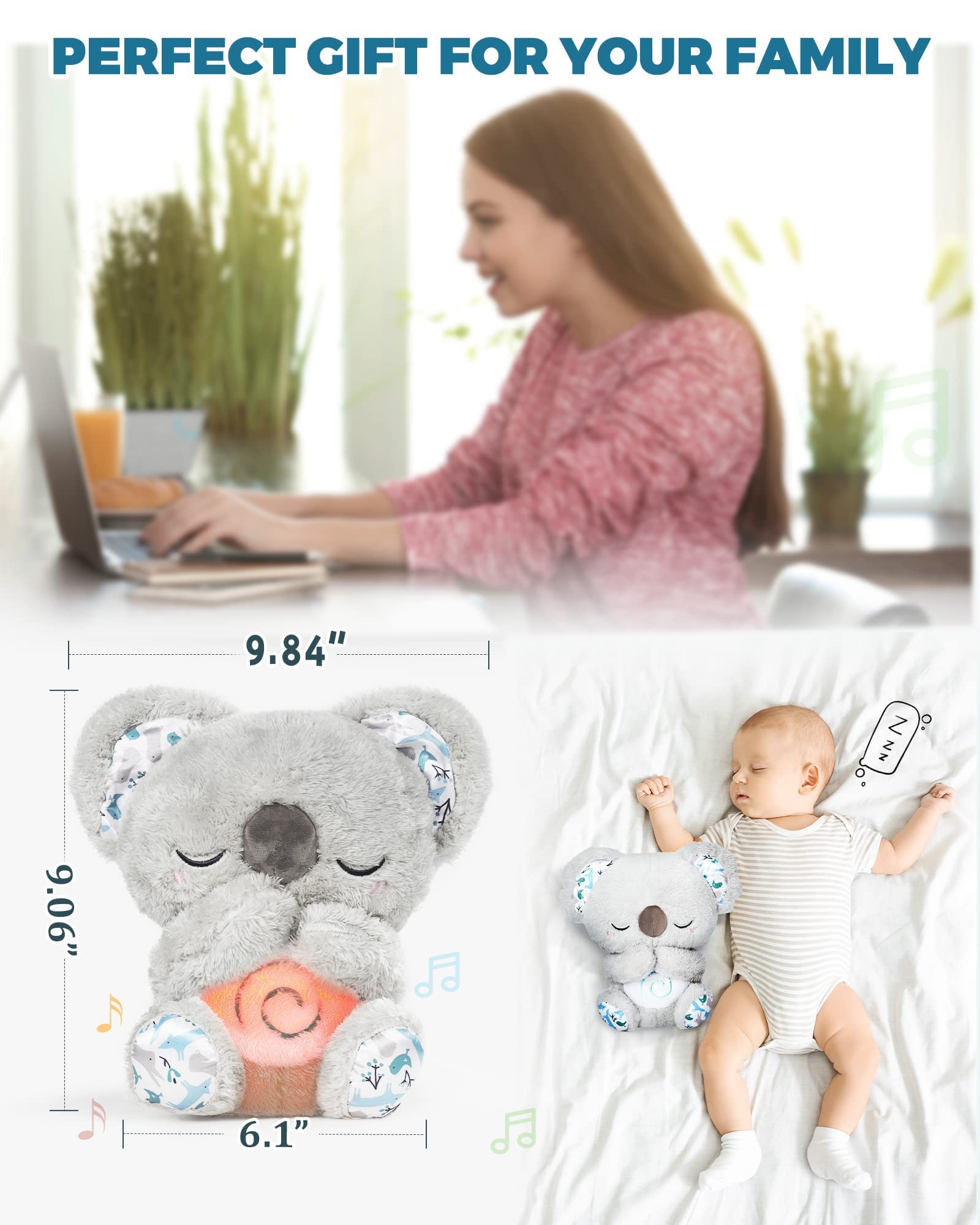 Auby Soothe n' Cuddle Koala, peluche con 10 ninne nanne, luci e movimenti ritmici di respirazione, regali per bambini e bambine di 0 1 2 3 4 5 anni, FR461553