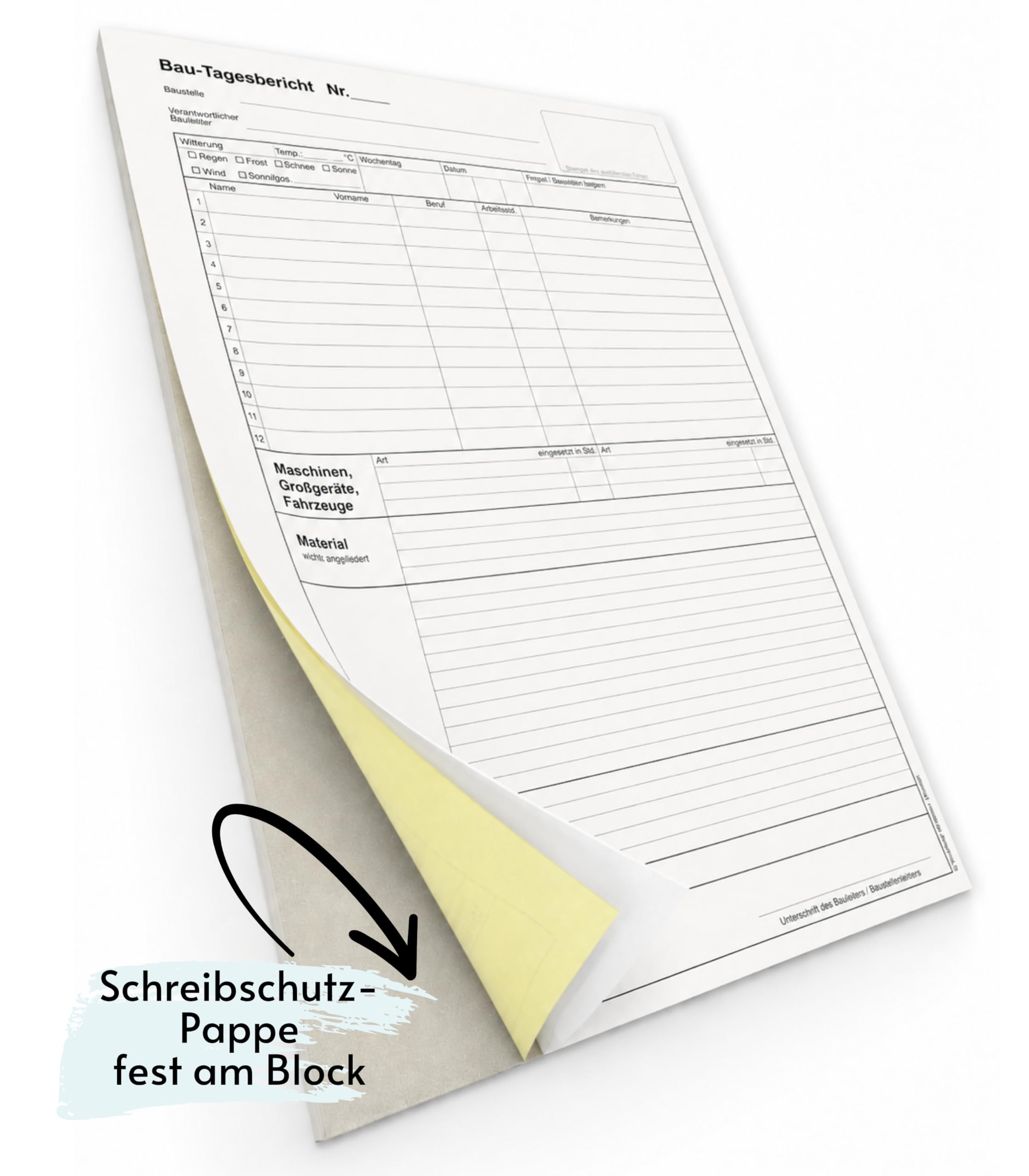 1x Bau-Tagesbericht, Baubericht DIN A4, 2-fach selbstdurchschreibend, 2x50 Blatt weiß/gelb - gelocht (22235)