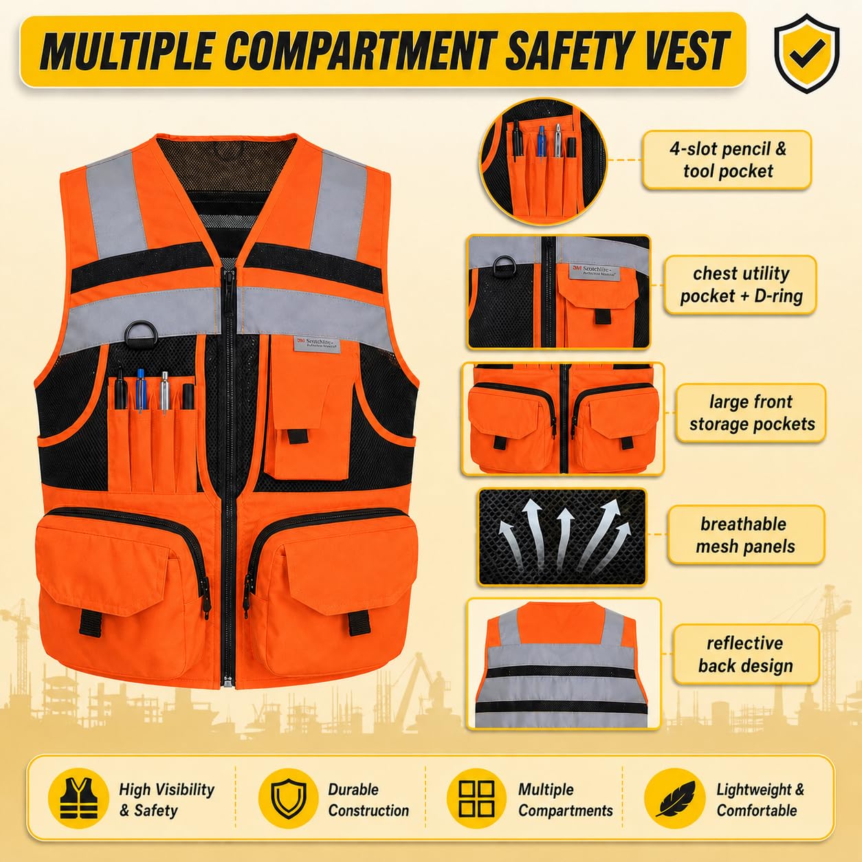 Chaleco de seguridad reflectante de 3M Hi-vis amarillo con 10 bolsillos para hombre y mujer.