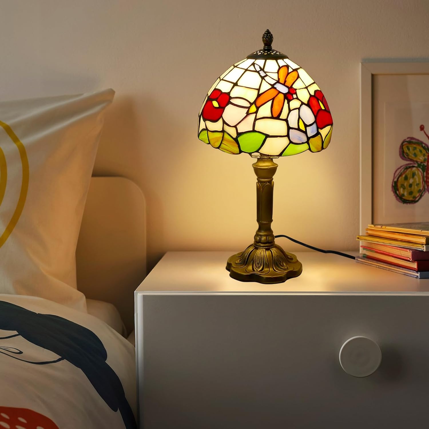 Tiffany Table Lamp Beautiful Dragonfly and Flower Style Lamp Handmade Stained Glass Desk Lamps Gifts Resin Base 14.2" Tall Vintage Reading Lamp for Office,Living Room, Bedroom, Study Room