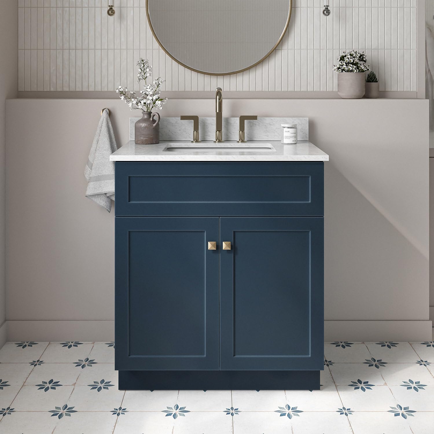 ARIEL Hamlet 30-inch Bathroom Vanity with Sink,Solid Wood, 0.75-inch Italian Carrara Marble Countertop & Backsplash, Single Oval Porcelain Sink, 2