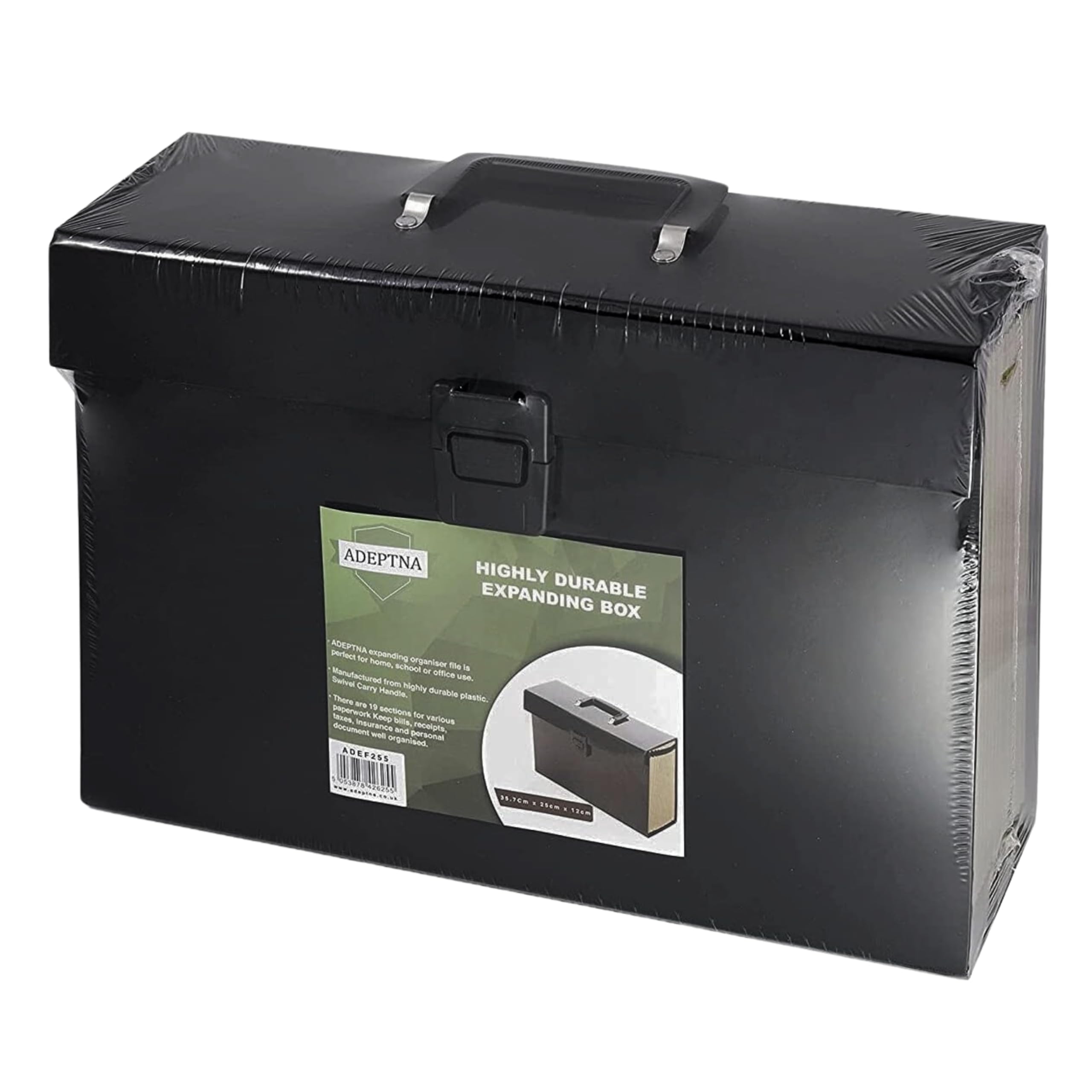 ADEPTNA Highly Durable 19 Pocket Expanding Box File Organiser A4 Paper Folder Case - Perfect for Home School Office Use (Black)