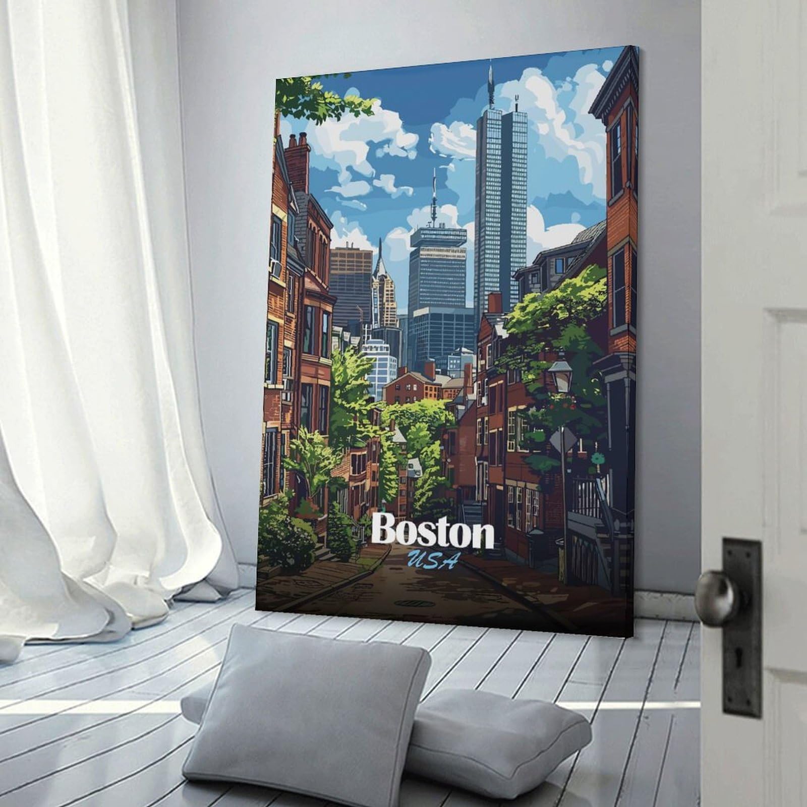 Junmoney Boston USA Cityscape Illustration Canvas Art Print, 16x24inch(40x60cm), for Wall Displays, Bedrooms Or Room Updates, Home Wall Art for Statement Displays