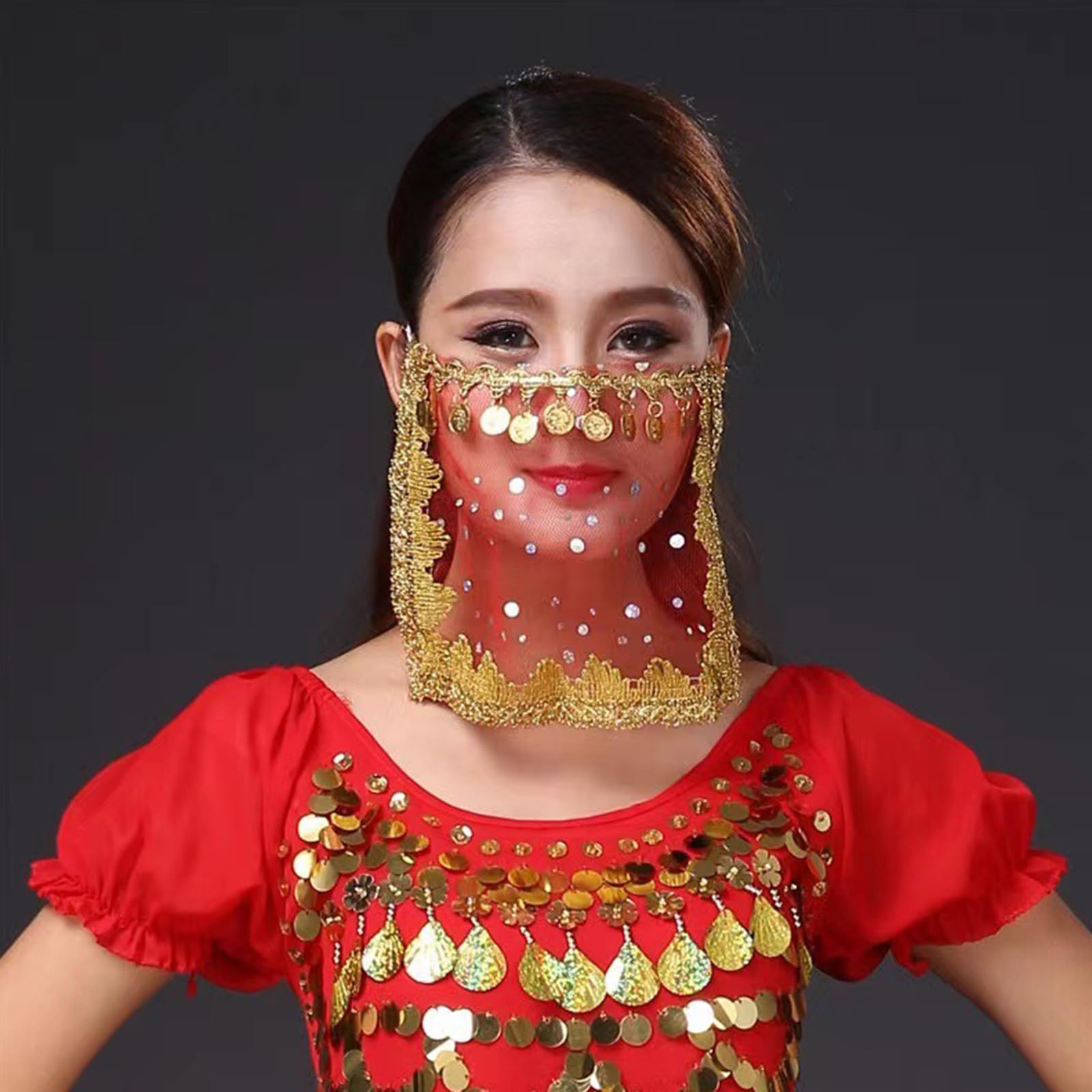 Velo facial de danza del vientre con moneda, velo de Halloween, cosplay, media cara, bufanda de fiesta, baile, tribal, para mujeres y niñas, medio vientre, Halloween, cosplay para mujeres y