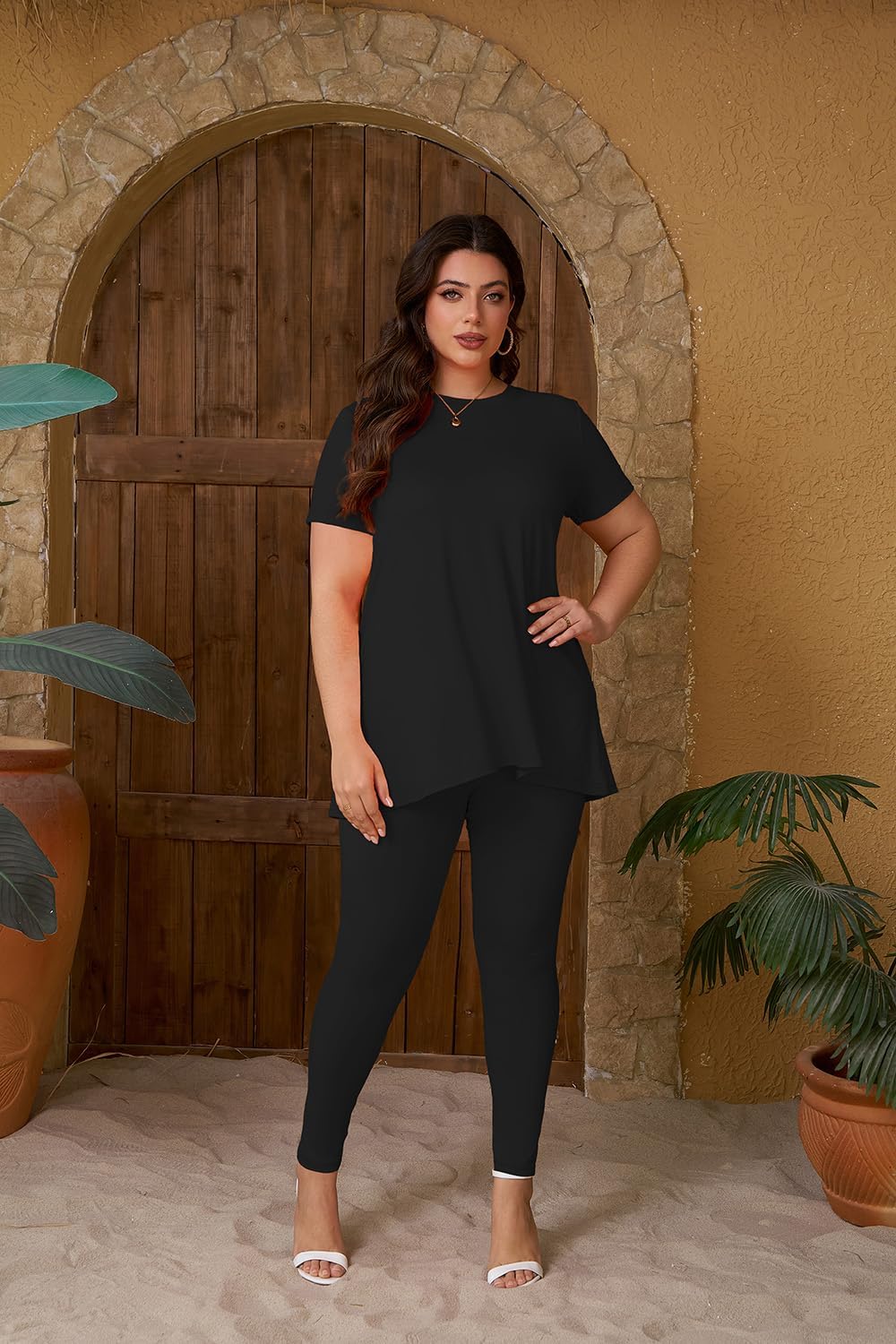 YeGine Women Plus Size 2 Piece Outfits Short Sleeve Top and Legging Pant Set Lounge Sets Tracksuit - Image 3