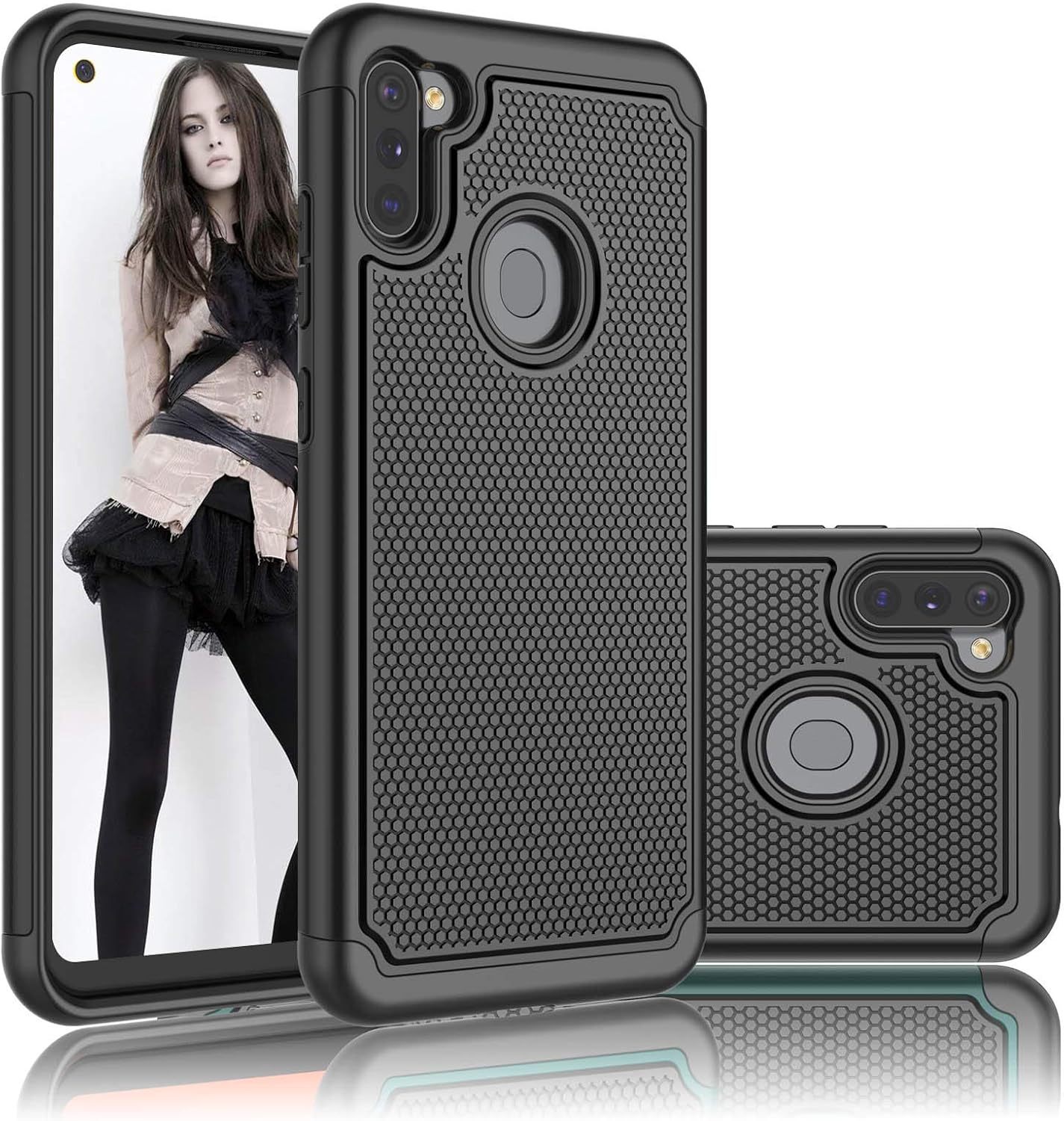 NJJEX Case for Samsung Galaxy A11, for Galaxy A11 Case, [Nveins] Hybrid Dual Layers Hard Plastic Back + Soft Silicone Rubber Armor Defender Shockproof Slim Phone Cover for Samsung A11 [Black]