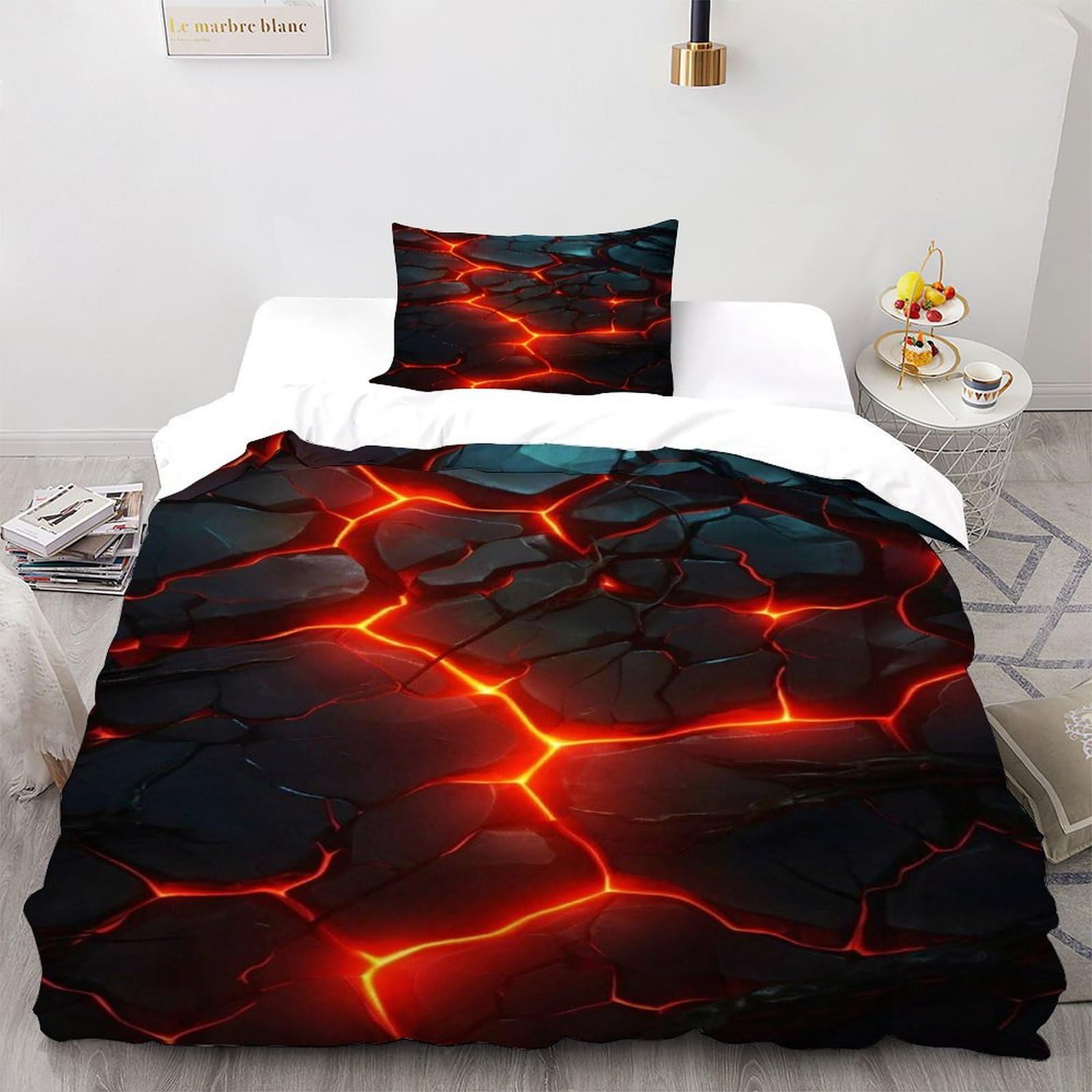 SHOVERKD Cracks Lava Bedding Set 3D Digital Printing Magma Duvet Cover Set Chic Breathable Quilt Cover for Boys & Girls with Pillow Single（135x200cm）