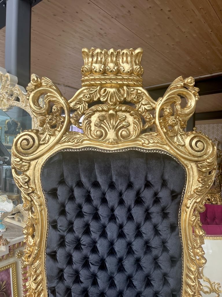 CasAmin Home & Living Sillón gigante con corona dorada, trono de terciopelo negro con mechones de pelo en estilo barroco con acabado dorado para decoración comercial como decoración de fiestas y