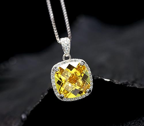 Miniatura 2 de Large Square Created Yellow Diamond Necklace -Cushion 5 CT Yellow Moissanite Diamond Pendant Sterling Silver 18"+2