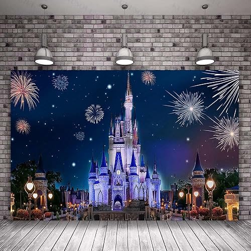 Miniatura 4 de Fondo de castillo de 5 x 3 pies, fantástica vista nocturna, fuegos artificiales, fondo de castillo para niños, baby shower, mesa de pastel,