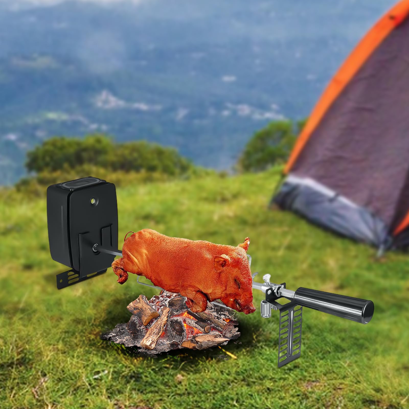 Spiedo elettrico da 106 cm, universale, in acciaio inox, con motore a batteria a 360°, supporto per pollo motorizzato, 2-3 giri/min, portata 7 kg, ideale per barbecue a gas, barbecue a carbonella