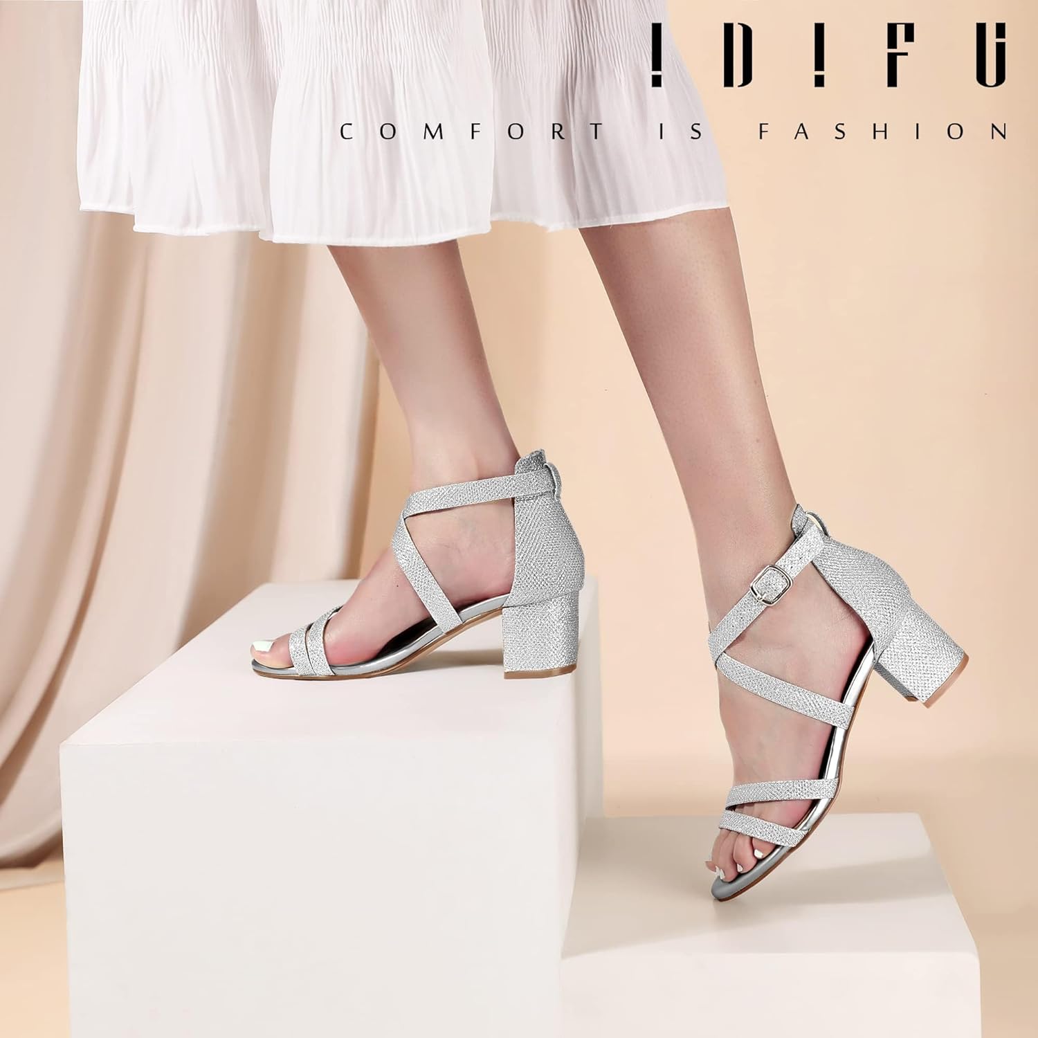 IDIFU Women's Block Low Chunky Heel Strappy Sandals Open Toe Ankle Strap Dress Wedding Evening Shoe for Women Bridal - Image 7