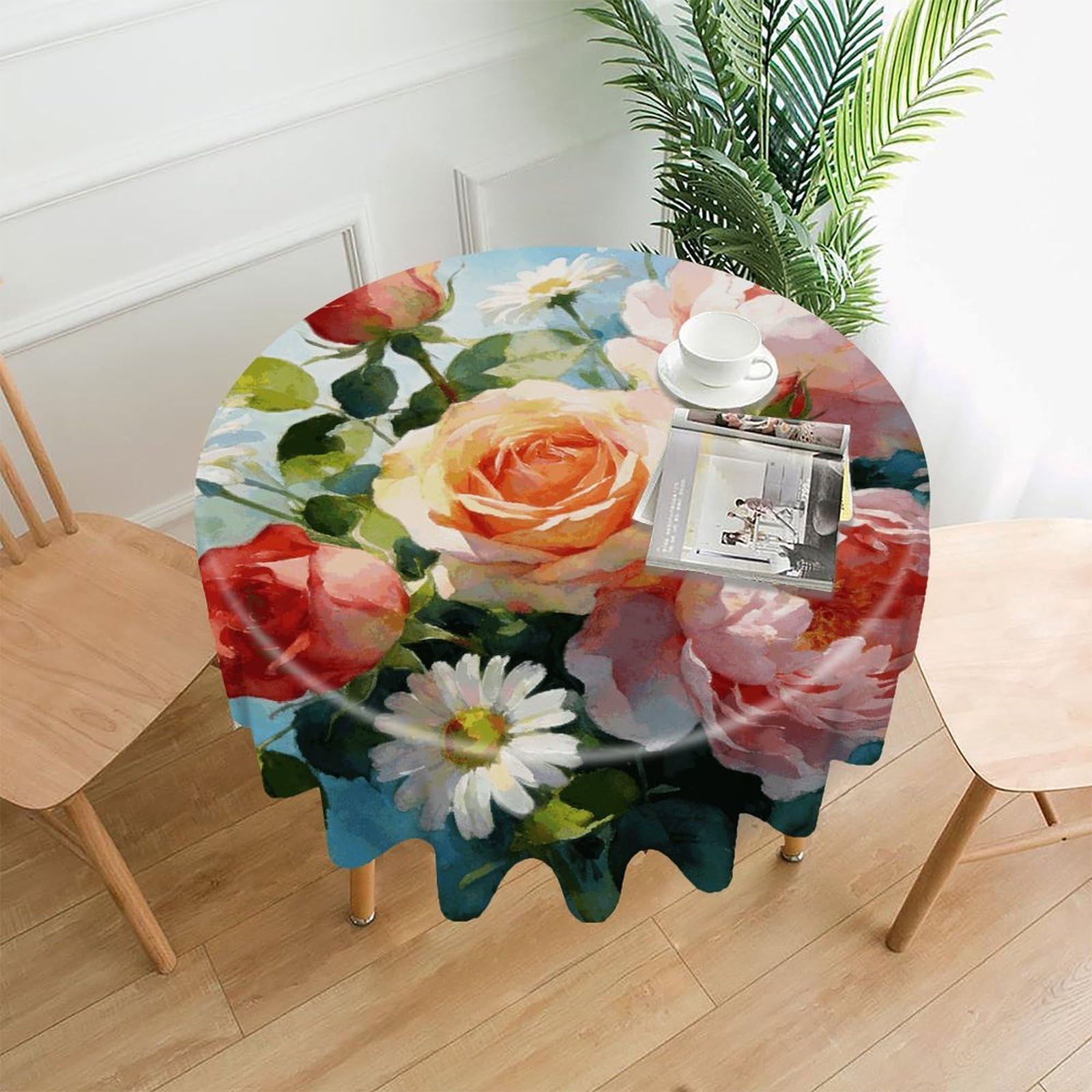 LZQPOEAS Gently Blooming Tablecloth Easy to Clean Polyester Round Table Cover Washable Round Table Cloth Wrinkle-Free Circle Decoration Tablecloth for Kitchen and Dining Room 60"
