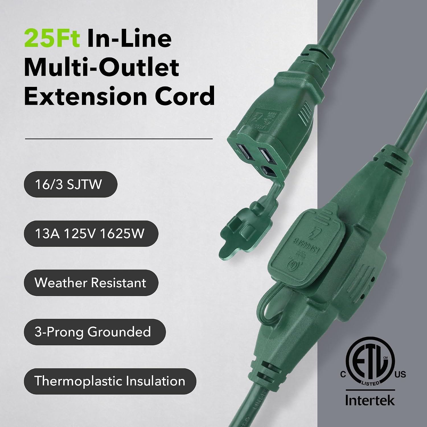 BN-LINK 25 ft Outdoor Extension Cord w/3 Inline Outlets 16/3 Gauge, SJTW Green for Landscaping & Holiday Decorations, Grounded, ETL Listed image 4