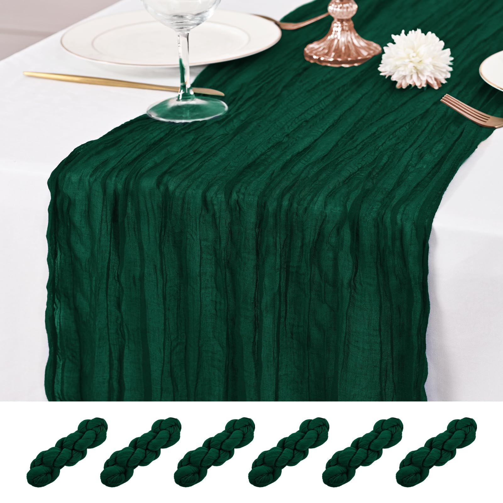 6 Pcs Emerald Green Table Runner 10Ft Cheesecloth Table Runner 21x120 inch Rustic Gauze Table Runners Romantic Long Sheer Fabric Cheese Cloth Table Runners for Wedding Party Bridal Baby Shower