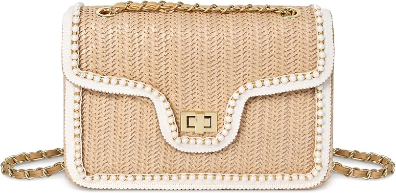 Straw Crossbody Bags for Women, Summer Fashion Straw Purses and Handbags Shoulder Raffia Clutch Bag with Pearls