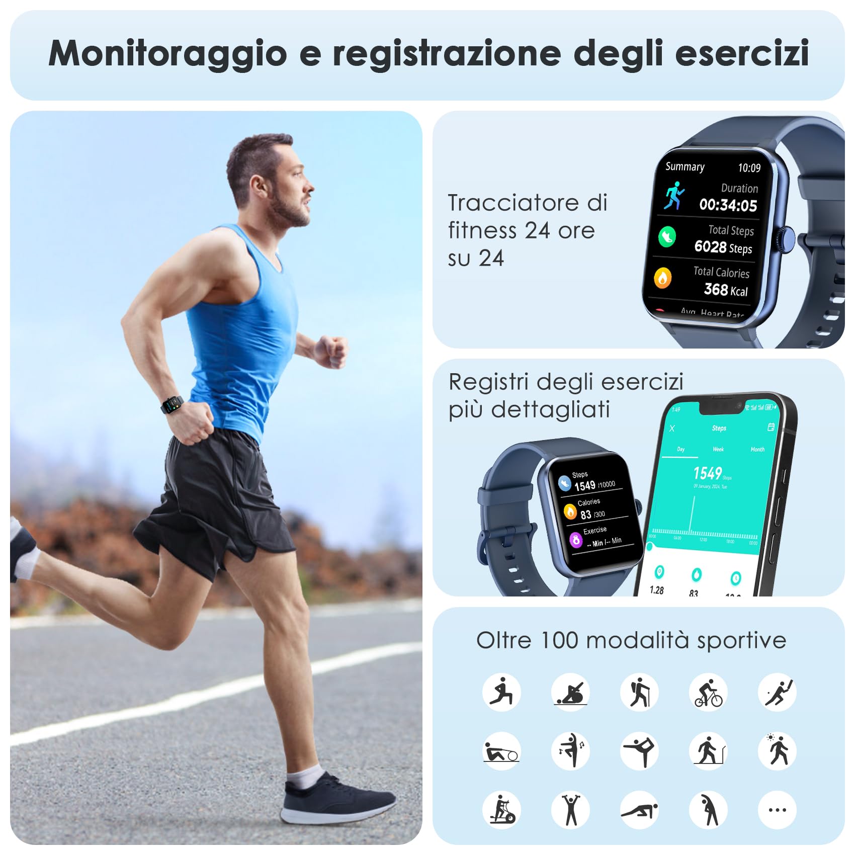 Smartwatch Uomo Donna, Orologio Fitness con Chiamate ,100 Modalità Sportive, 1.85" Smart Watch Monitor del SpO2/Sonno, 24H Cardiofrequenzimetro da Polso Fitness Tracker per iOS Android Smartphone