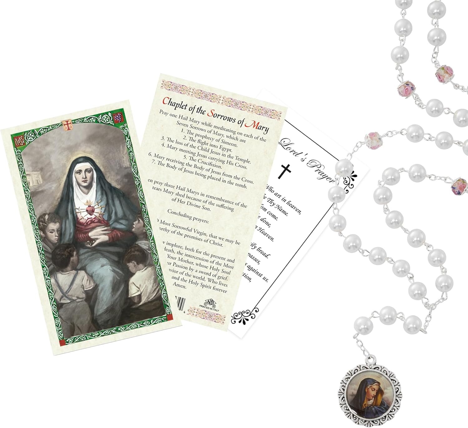 Our Lady of Sorrows Rosary - Our Lady of Sorrows Card, The Lord's Prayer Card -Faux Pearl Style 7 Sorrows of Mary Rosary Beads - Seven Sorrows Rosary Beads - Our Lady Of Tears Chaplet Rosary - 3 Items