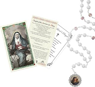 Our Lady of Sorrows Rosary - Our Lady of Sorrows Card, The Lord's Prayer Card -Faux Pearl Style 7 Sorrows of Mary Rosary B...