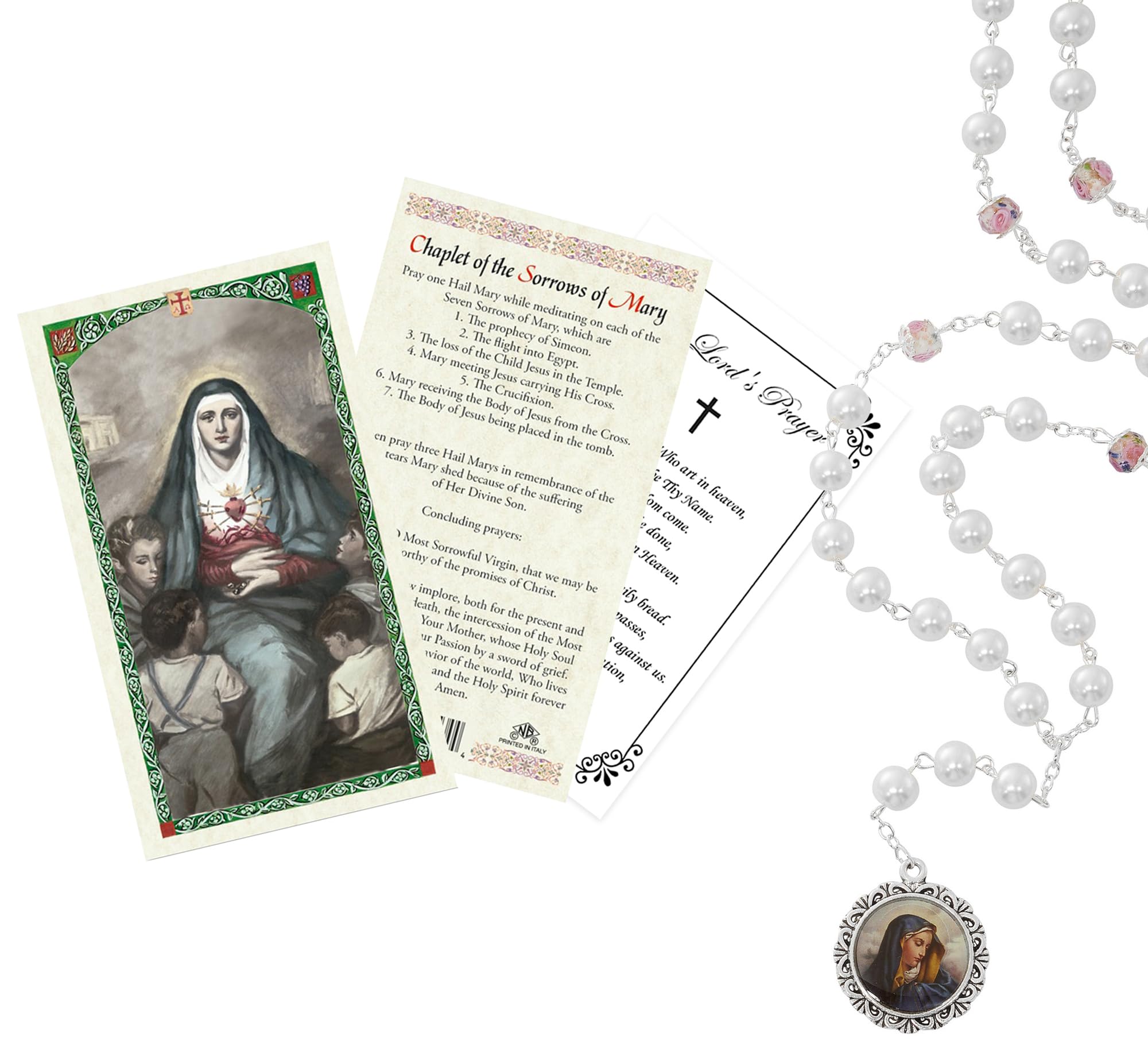 Our Lady of Sorrows Rosary - Our Lady of Sorrows Card, The Lord's Prayer Card -Faux Pearl Style 7 Sorrows of Mary Rosary Beads - Seven Sorrows Rosary