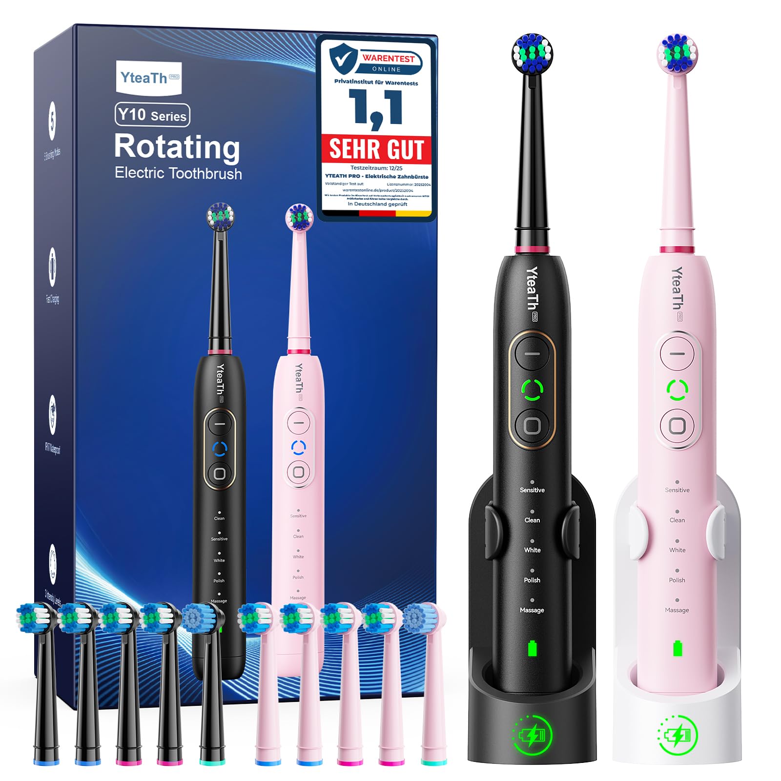 Cepillo de Dientes Eléctrico de Rotación para Adultos y Infantil - Cepillo Eléctrico 3 Intensidades, 5 Modos, 10 Cabezales, IPX7 Impermeable, Cepillo Dientes Electrico Viaje, Negro y Rosa