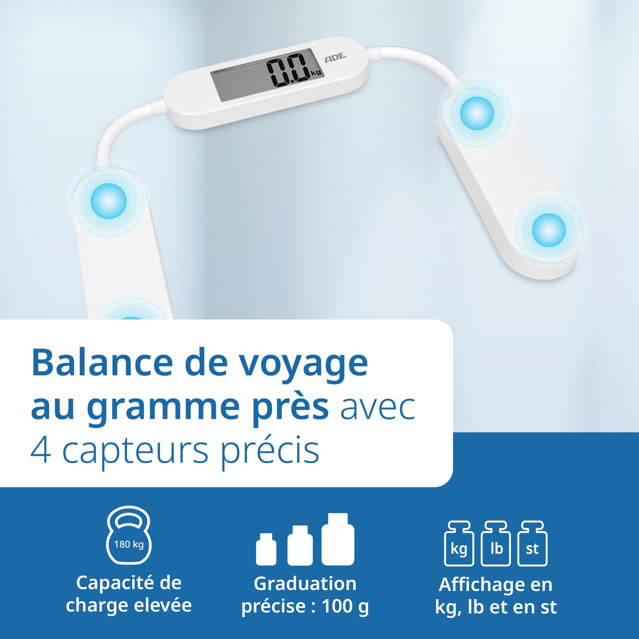 ADE Balance de voyage pliable | pèse-personne numérique avec une capacité de charge de 180 kg par pas de 100 g | balance corporelle précise avec écran LCD