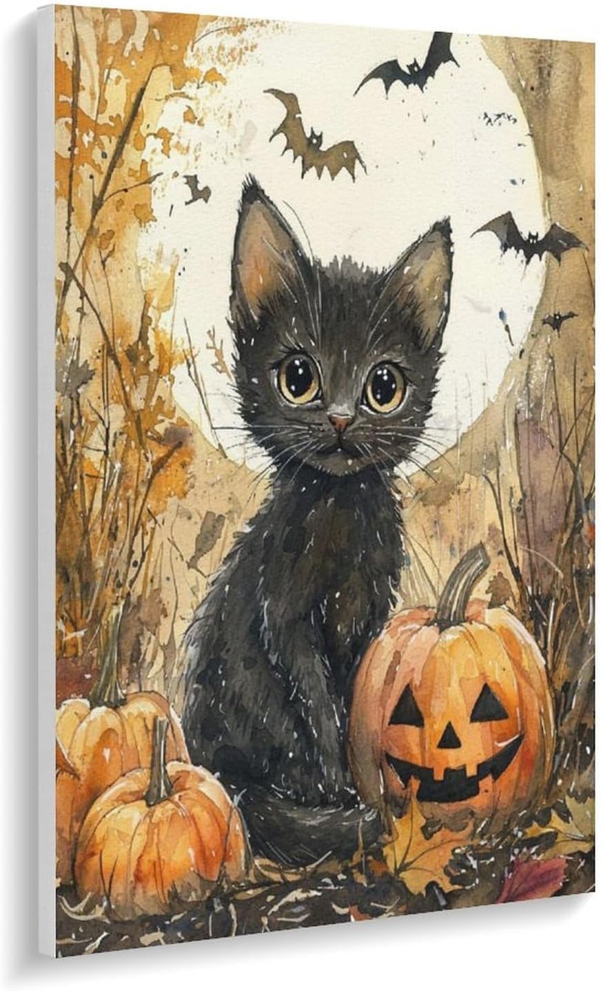 Watercolor Halloween Scene with Black Cat Pumpkins Bats Full Moon Paint by Number, Adult Paint by Number Kits, Painting Kits for Adults Digital Oil Painting Gift And Home Wall Decor 12*16inch