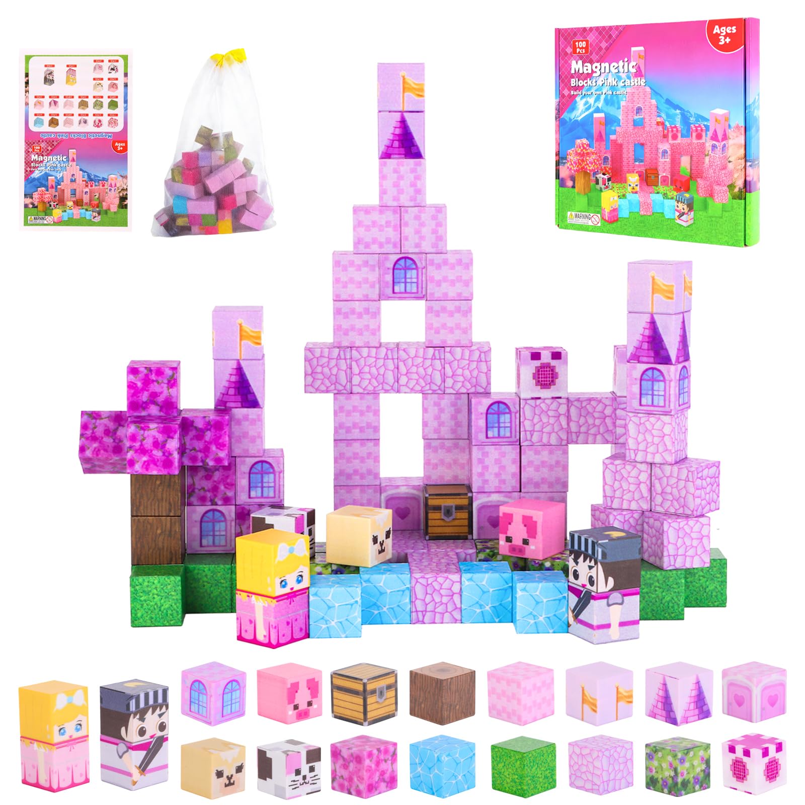 MEESHEEP Magnetische Bausteine Pink Schloss, Baue Genau Die Abgebildeten Modelle | STEM Montessori-Spielzeuge Mädchen (3-10J) | Fördert Kreativität, Vorstellungskraft & Selbstvertrauen | Aufbewahrbar