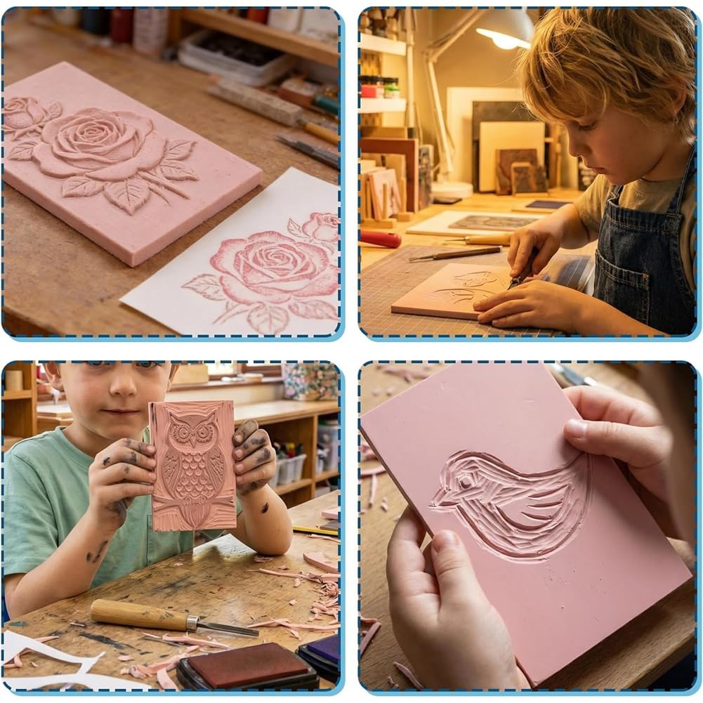 12 Bloques de Linóleo de Caucho de 10 X 15 cm para Grabado: Kit Completo para Tallar Sellos, Ideal para Impresión en Linóleo y Bricolaje.