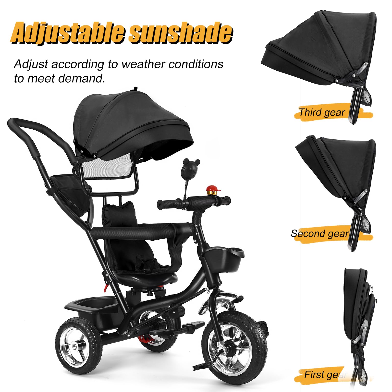 OHMG Tricycle bébé évolutif 5 en 1 vélo Poussette bébé avec poignée de poussée, auvent Amovible, Ceinture de sécurité à 5 Points, Rangement, Repose-Pieds, Frein, pour Enfants de 1 à 5 Ans