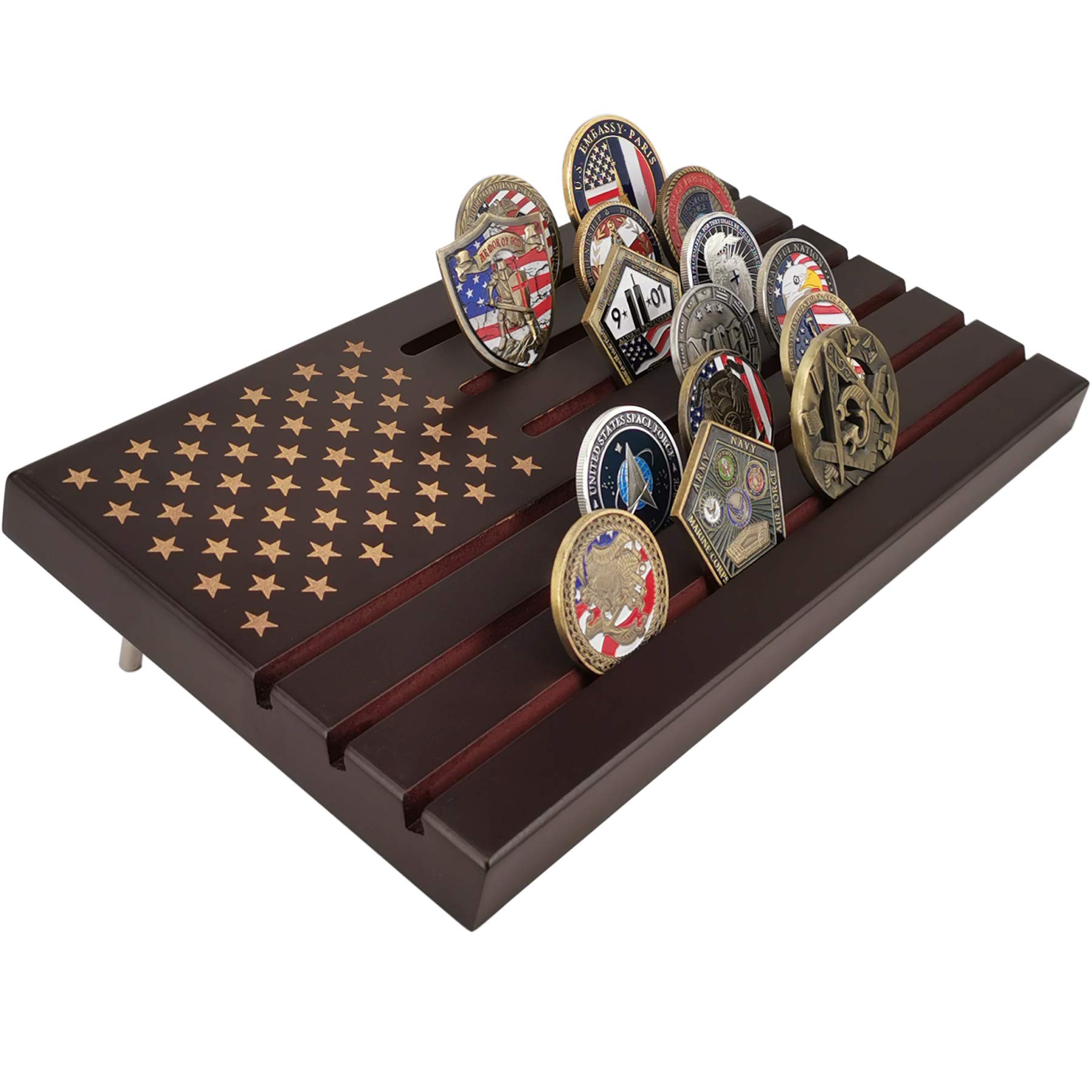 LZWIN6 Rows American Flag Challenge Coin Display Holder U.S. Military Coins Wood Stand Holds 30-36 Coins