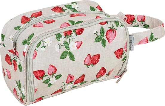 Hobby Gift Crochet Bag for Crochet Kit Accessories - Zipped Case, Yarn Eyelet, Holder, 100% Soft Cotton, Versatile Travel Cosmetics Bag, 21 x 24 x 10cm, Strawberries