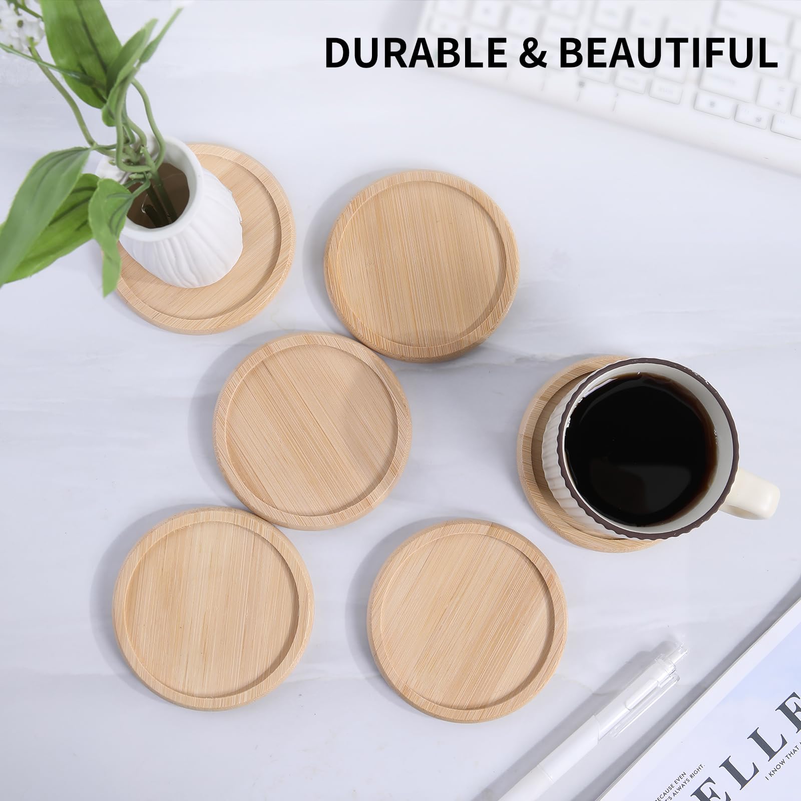 Posavasos de bambú para mesa de café, posavasos con soporte, posavasos calientes o fríos, juego de 4/8/12, 4 pulgadas, posavasos para bebidas, absorbentes, protección (12 piezas)