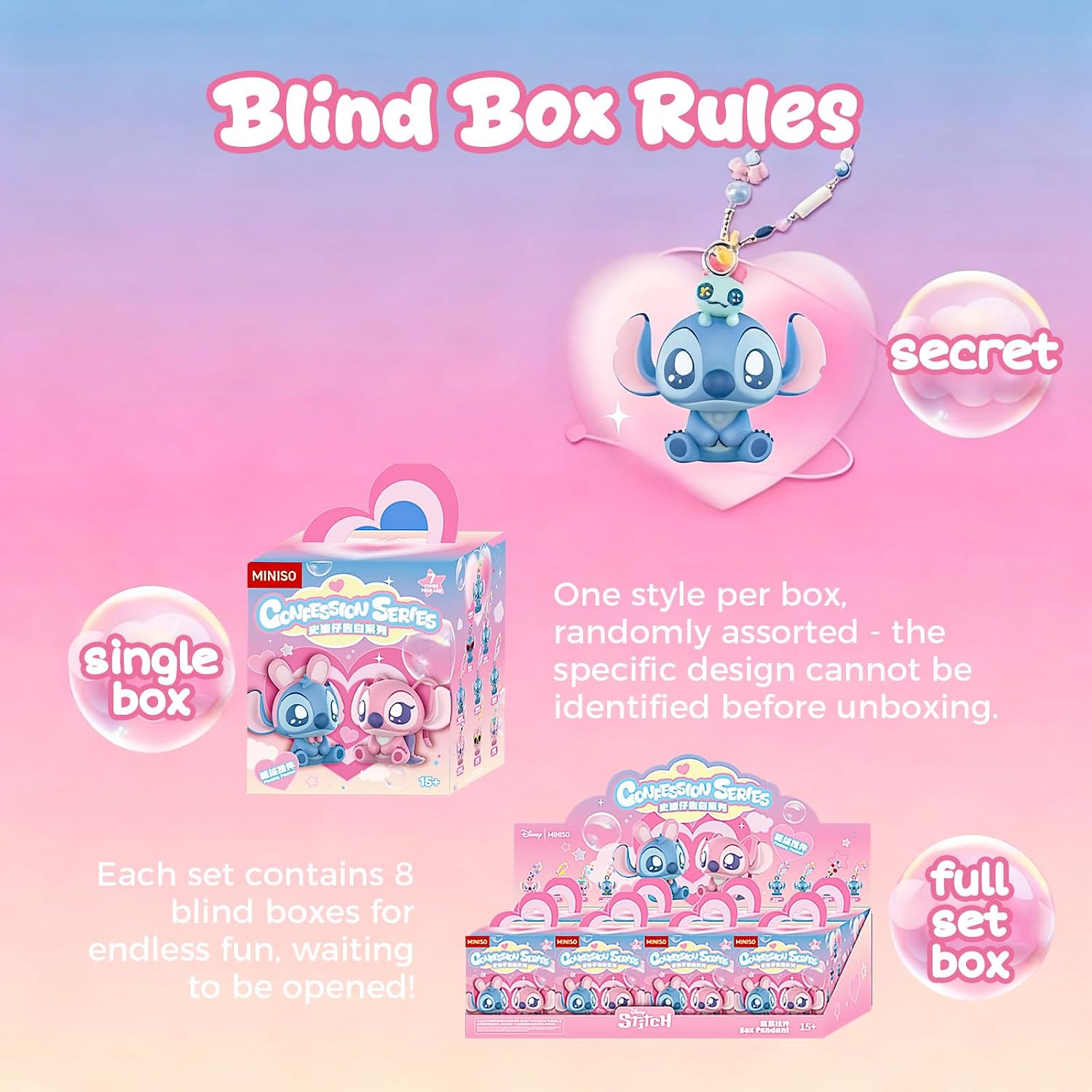 MINISO Disney Stitch Confession Flocked Surprise Box Pendant Mystery Blind Box Cute Collectible Keychain Charm Decorations for Key Backpack Birthday Gifts, Single Box