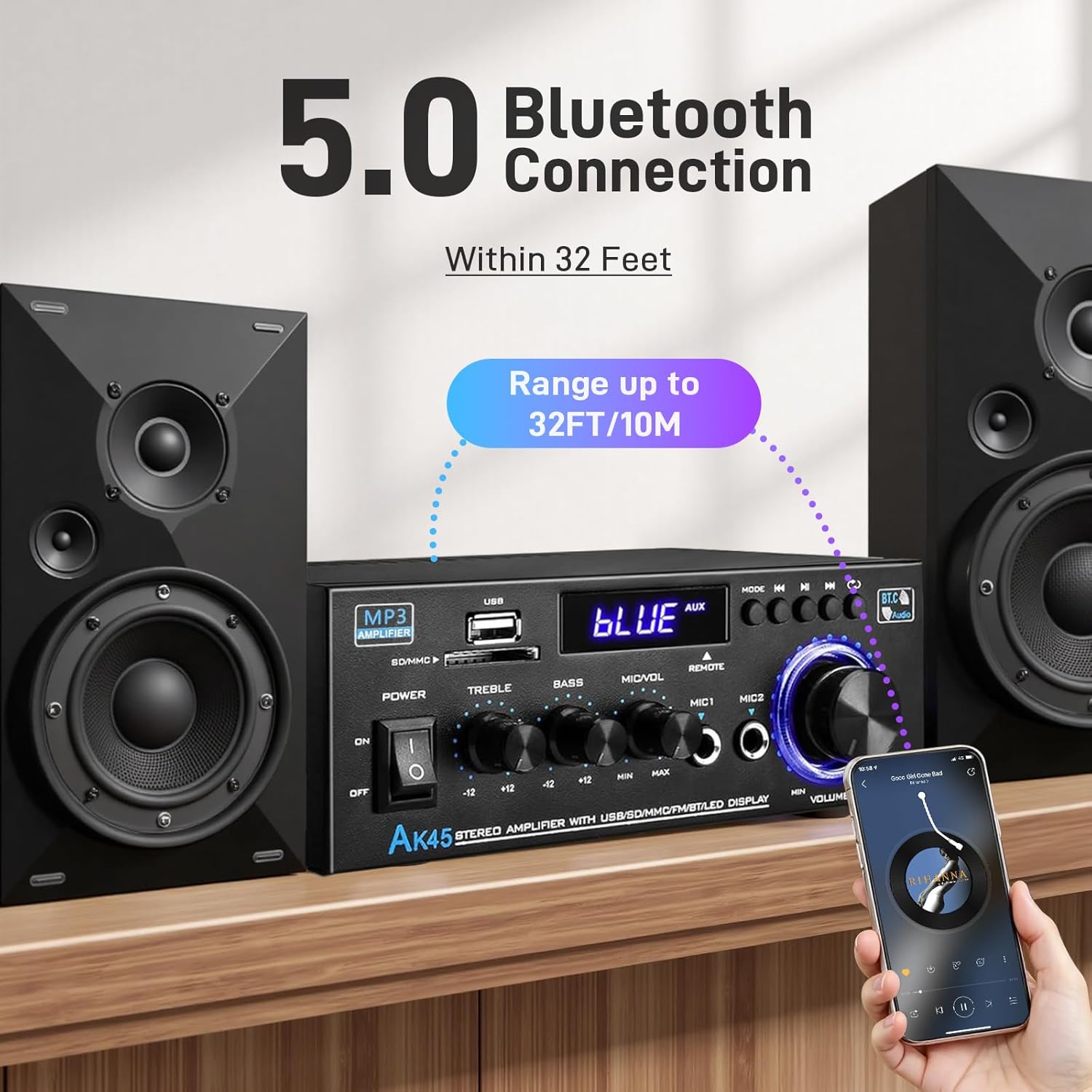 AK45 Stereo Home Audio Amplifier with 5.0 Bluetooth Receiver, 300W+300W Bluetooth HiFi AMP Power Amplifier 2.0 Channel RMS 40W x 2 Home Stereo System Remote Control Amp W/MIC,USB, RCA,FM Radio