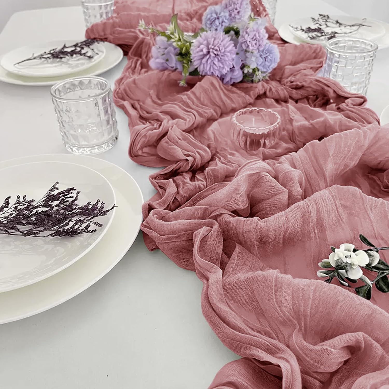 6 Pack Dusty Pink Cheesecloth Table Runner 35 x 120 inch Boho Rustic Gauze Table Runner 10 FT Long, Semi Sheer Cheese Cloth Runner for Wedding Party Banquet Baby Shower Birthday Decoration
