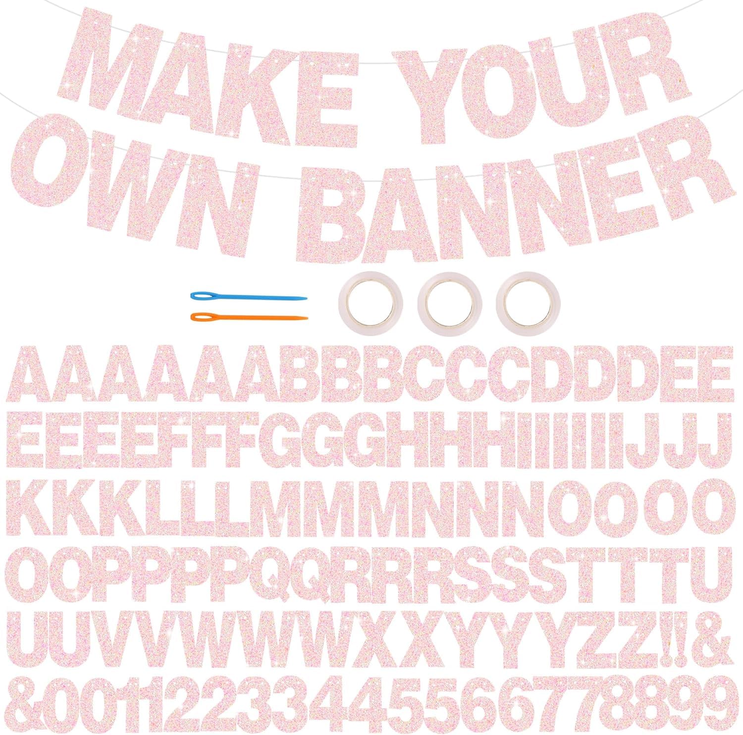 DecoGlee 116 PCS A-Z Glitter Colorful Pink DIY Letter Banner Kit Make Your Own Banner，Including 111 Letters and Numbers 3 Rope and 2 Threading Device,for Birthday Graduation Wedding Halloween Party