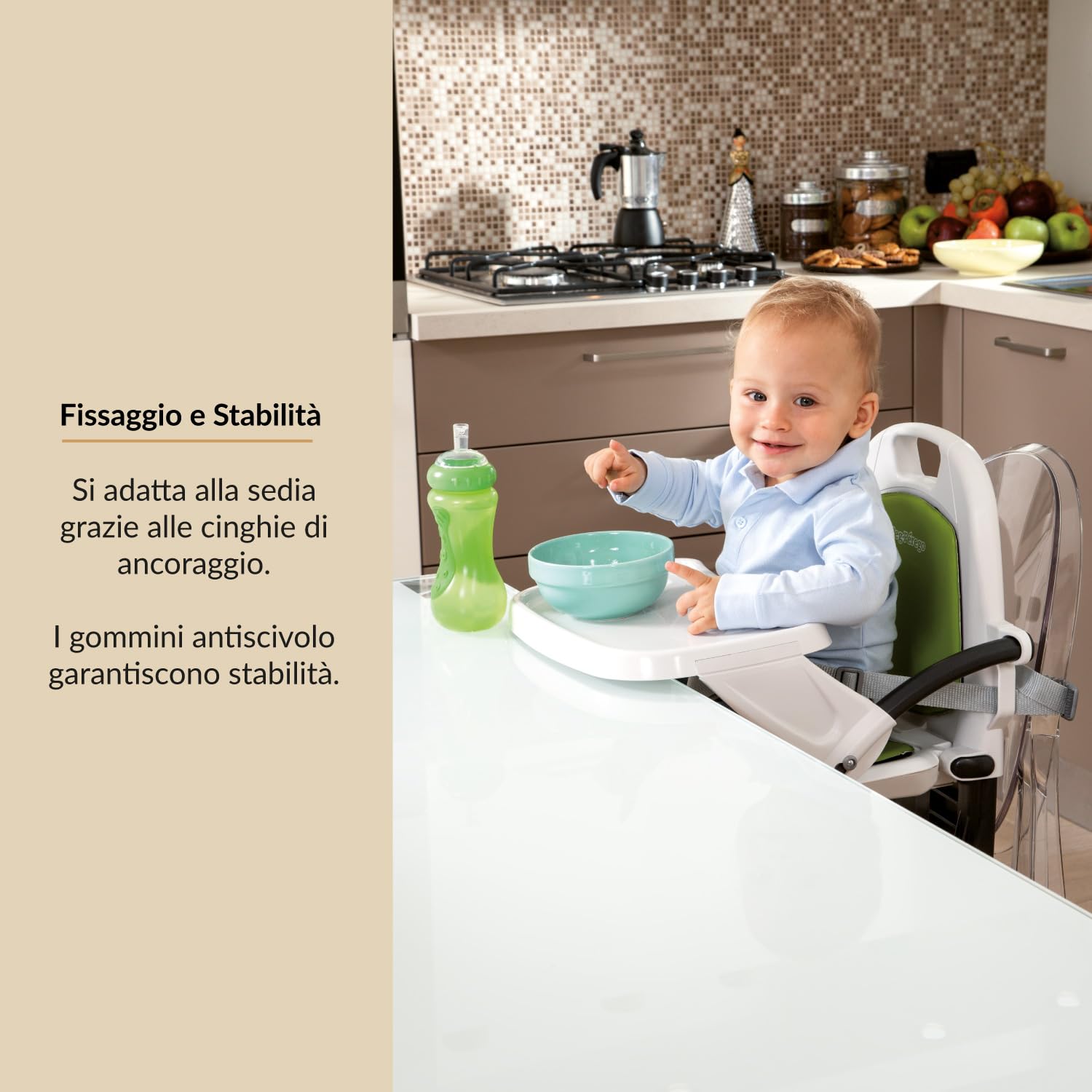 PEG Rialto Alzasedia Pappa, Sedia Bimbi Portatile e Regolabile, Chiusura Compatta, Vassoio Rimovibile, Seggiolone da Viaggio per Bambini da 6 Mesi a 3 Anni (0-15 kg), Petrolio