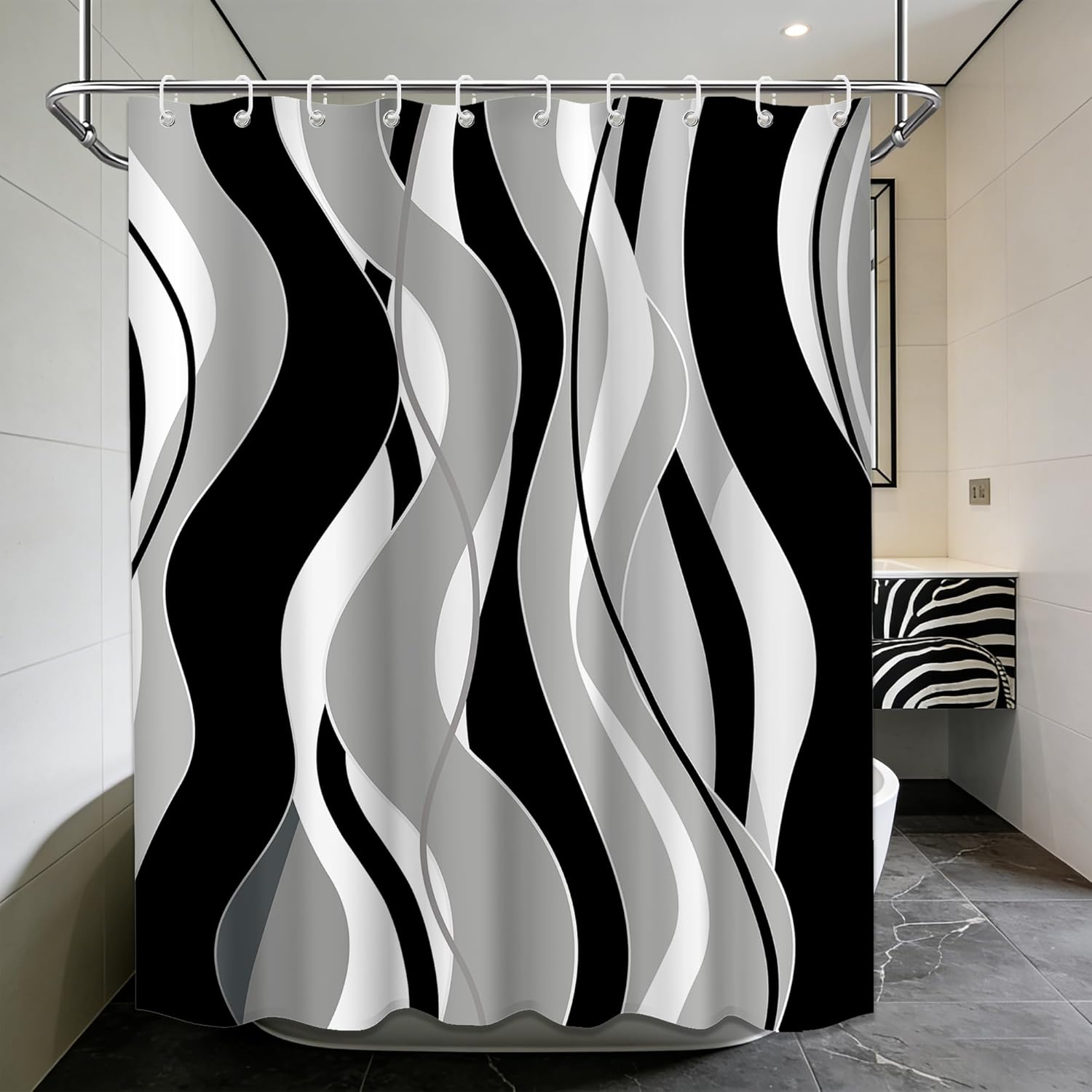 Striped Shower Curtain Modern Abstract Black and White Grey Shower Curtains for Men Bathroom Decor, Waterproof Cloth Fabric with Hooks 60" W x 72" L
