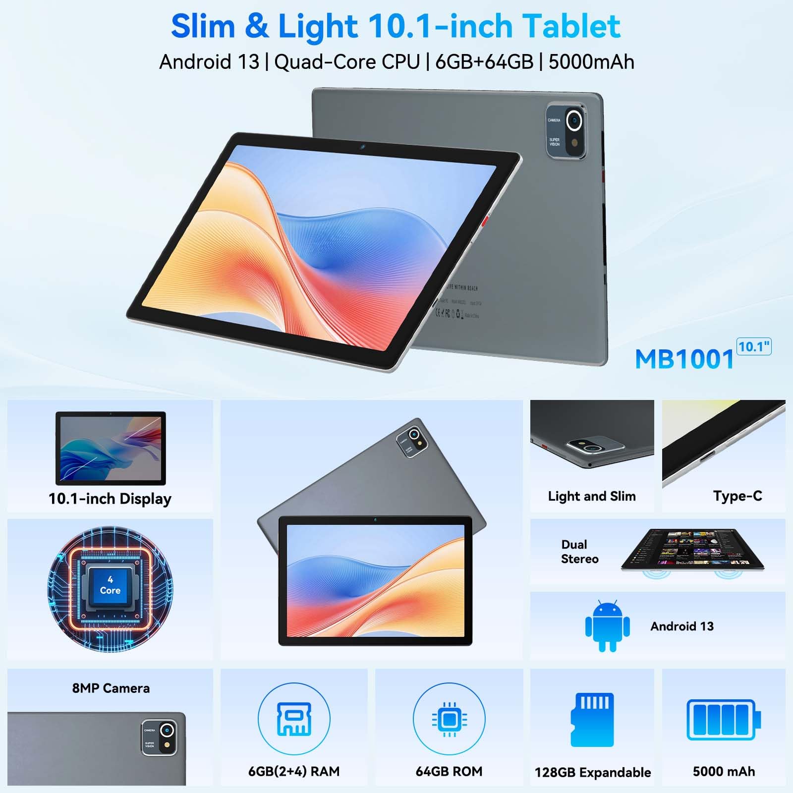 Hakaug Tablet 10 Inch Android OS Quad-Core 6GB RAM 64GB ROM 5000 mAh Battery1280x800 Touchscreen Tablet-PC (Gray) - 2