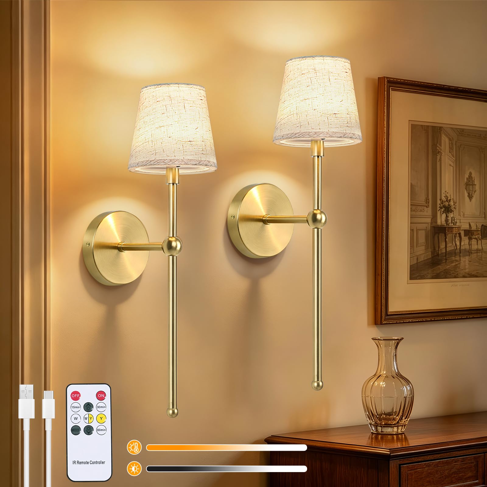 Dehobo Rechargeable Wall Lights Set of 2 with Fabric Shade, Battery Operated Wall Sconces with 3 Color Temperature, Dimmable Wireless Wall Lamps Indoor with Remote 5200mAh for Living Room, Bedroom