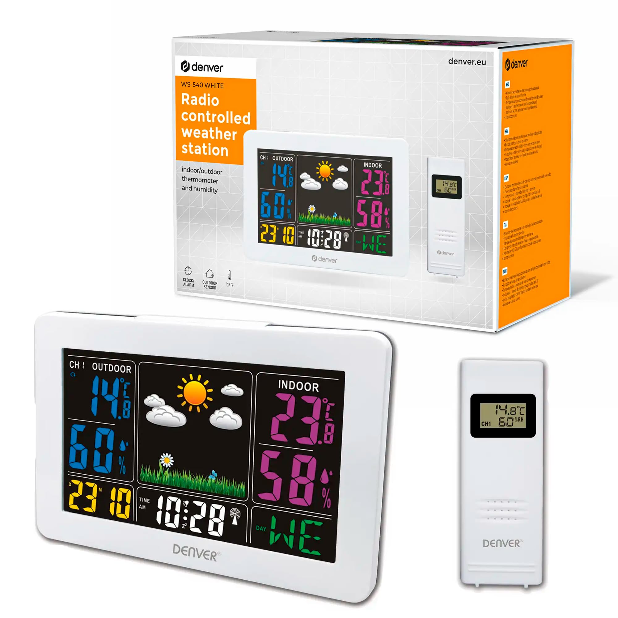Stazione meteo digitale automatica Denver WS-540WHITE. Wireless. Display LED a colori. Termometro igrometro digitale per la misurazione della temperatura e dell'umidità interna/esterna.