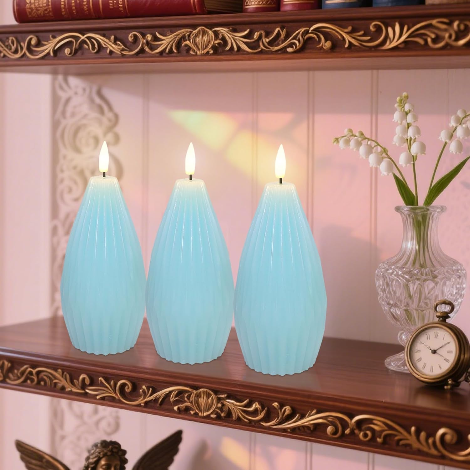 Blue Ribbed Flameless Candles with Remote Flickering Realistic Battery Powered LED Real Wax Decorative Candle Geometric Aesthetic Ribbed Modern Ocean Decor for Home Table Fireplace, 3Pack