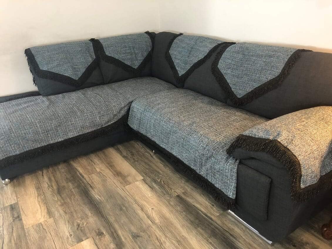 OctoRose Anti-Slip Sofa and Couch Slipcover, Furniturer Protector, Sectional Sofa Cover, Sofa Arm Covers, Thick Linen Teal Blue/Black Mixed Color Sofa Throw 1pc (35x70)
