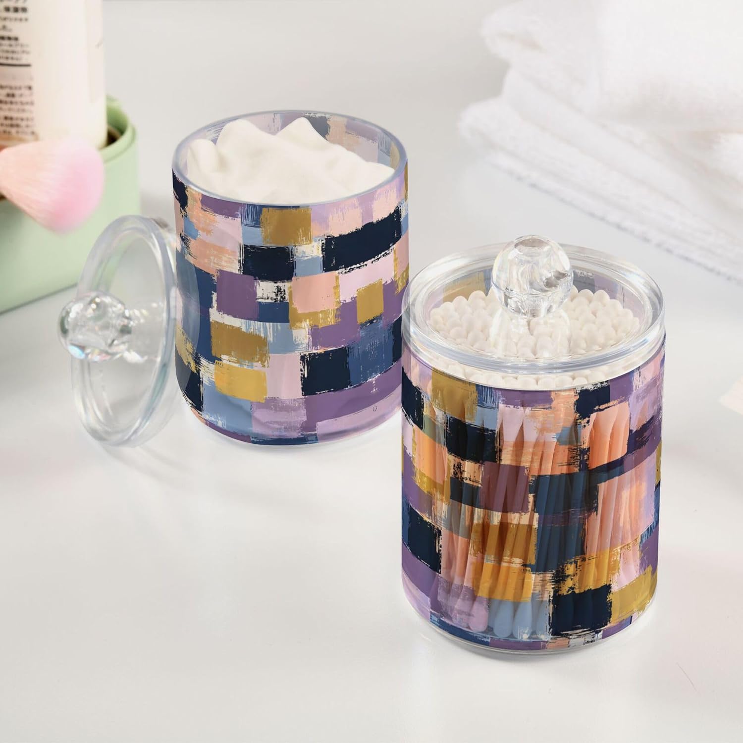 MNSRUU 4 Pack Qtip Holder Organizer Dispenser Color Brown Graffiti Bathroom Storage Canister Cotton Ball Holder Bathroom Containers for Cotton Swabs/Pads/Floss