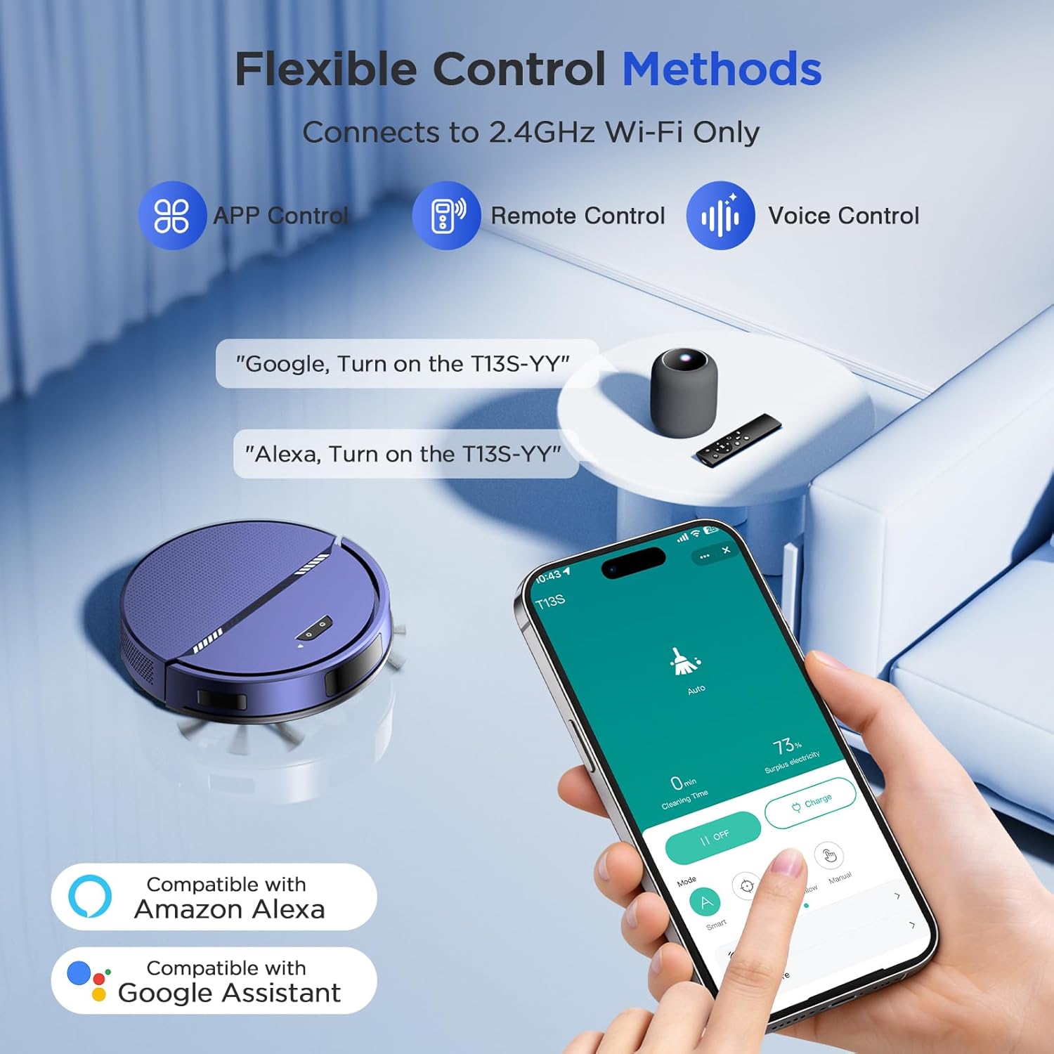 Robot Vacuum and Mop Combo, 8000Pa Suction Automatic Vacuum Robot with Mop 2 in 1, APP/Voice/Remote Control, Self-Charging, Slim, Ideal for Hard Floor, Pet Hair, Carpet